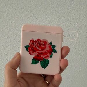 Pink portable charger with Red Rose Design